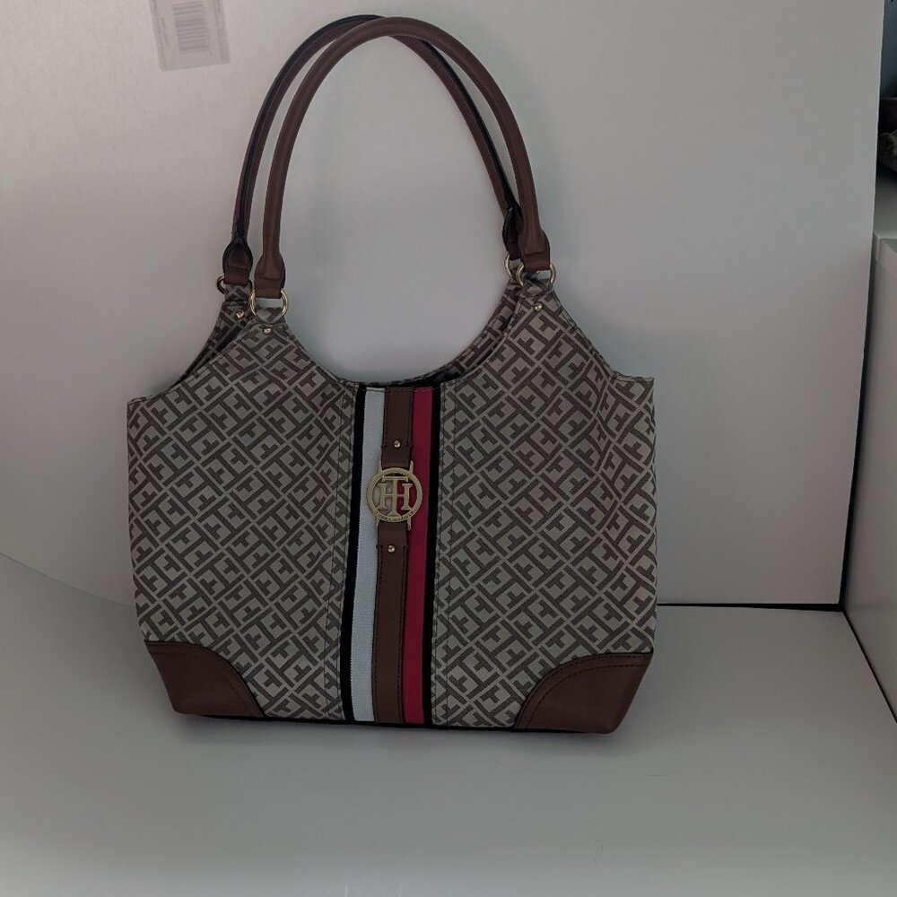 New Tommy Hilfiger Tote Bag, Logo Print in khaki with brown faux leather details